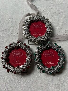 St. Nicholas Square Silver Filigree Ornament Frames with Red and Green Crystals
